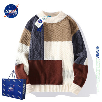 NASALIKE官方潮牌毛衣男冬季潮流撞色加绒加厚款针织衫冬装打底衫毛线衣米色XL推荐130-150斤	